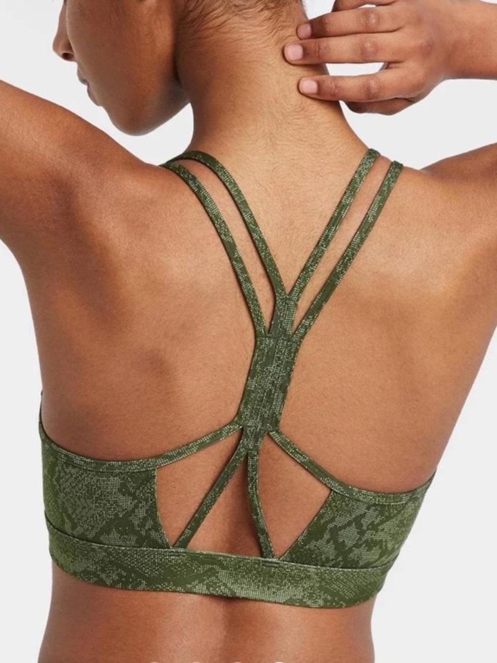 All in Motion Olive Green Snake Print Strappy Back Sports Bra. Size Large.